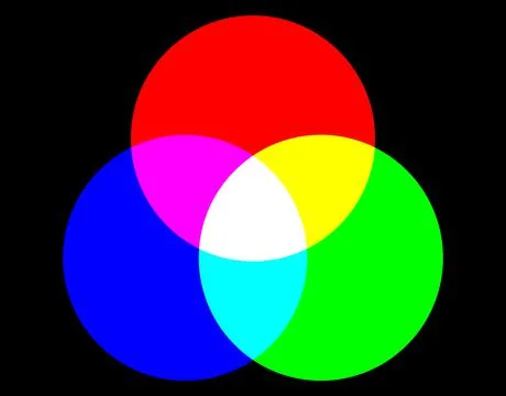 Three primary colors of light mixing on black background Stock Illustration