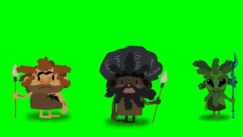Three primitive caveman characters with spears in hand talking and drawing, Stock Footage 285951425