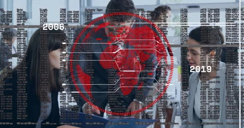 Three professionals analyzing tech data on laptop in office, with floating code, Stock Footage 308602017