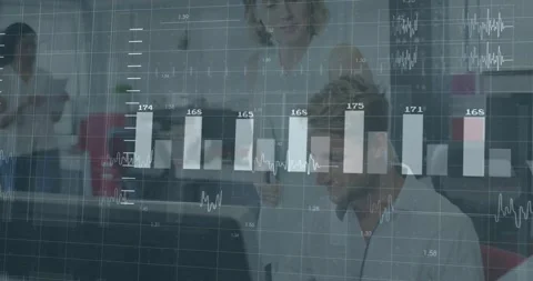Three professionals collaborating in business office, with digital bar charts Stock Footage 330179851
