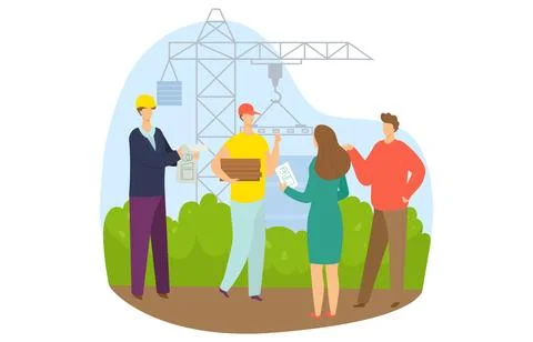 Three professionals discussing construction project outdoors. Engineers and Illustrazione stock