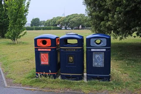 Three Public Bins for Plastic, Cans and Rubbish in Portsmouth Stock Photos