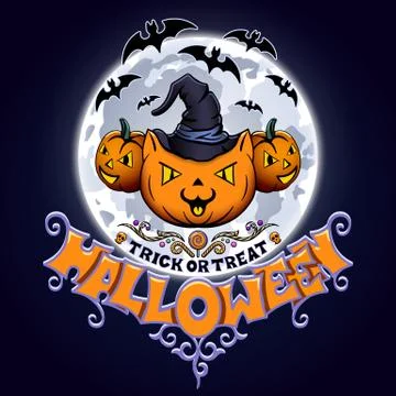 Three pumpkins and bats on the background of the moon. Stock Illustration