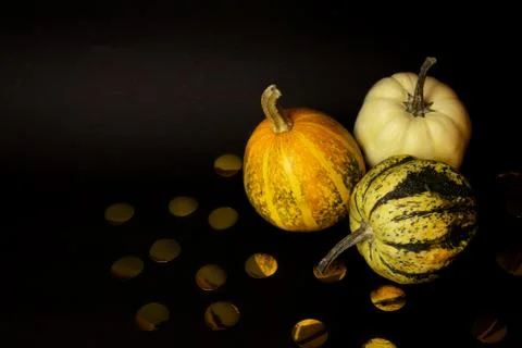 Three pumpkins and decor from paper gold confetti isolated on a black backgro Stock Photos