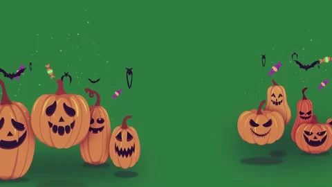 Three pumpkins with bats and flying around them a group of halloween on green Stock-Footage 337339983