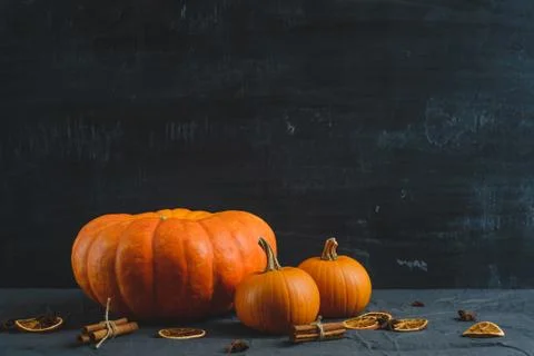 Three pumpkins on a black background Stock Photos