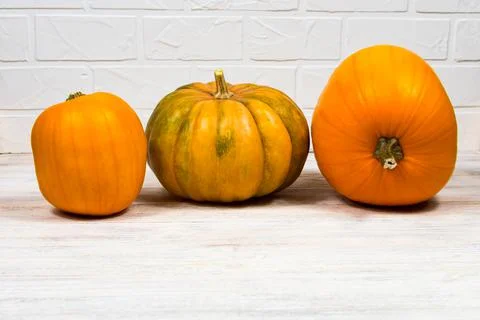 Three pumpkins of different sizes and shapes, standing in a row on a white Stock Photos