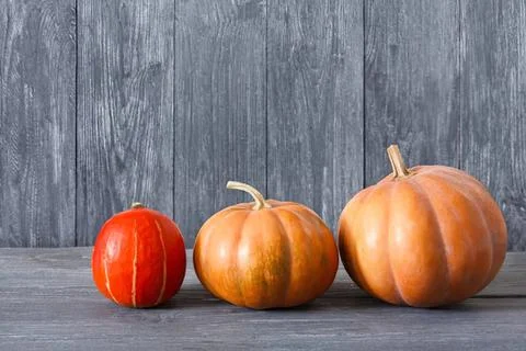 Three pumpkins of different sizes on a wooden surface Stock Photos