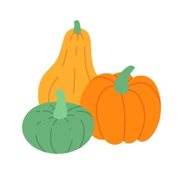 Three pumpkins. Group of different color pumpkins. Flat vector illustration i Stock Illustration