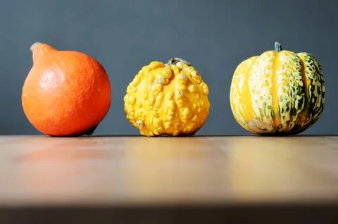 Three pumpkins in a row Stock Photos