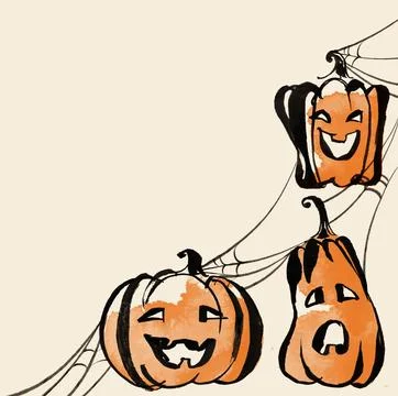 Three pumpkins surrounded by spider webs in the corner.Set of cute colorful H Stock-Illustration