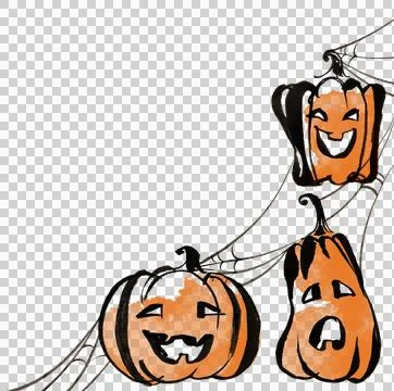 Three pumpkins surrounded by spider webs in the corner.Set of cute colorful H Stock-Illustration