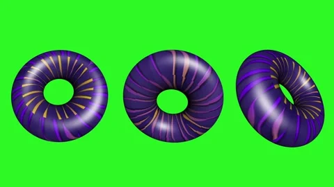 Three purple 3D torus rings with gold stripes rotating together Stock Footage 329585243