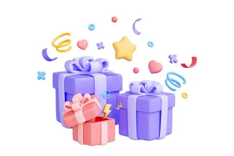 Three purple gift boxes with a pink bow on a white background. 3D render Stock Illustration