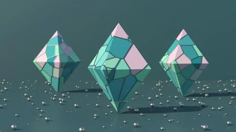 Three pyramids with colorful surface. Green background. 3d render. Illustrazione stock