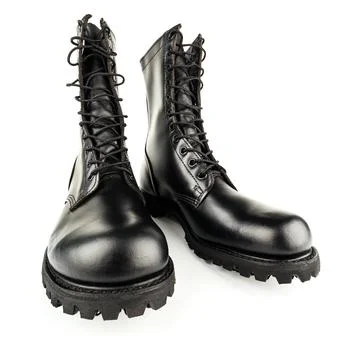 Three quarter front view on pair of black leather 10-inch new black military Stock Photos