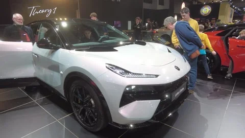 Three quarter lotus eletre brussels motor show 2026 front view electric suv Stock Footage 328207186
