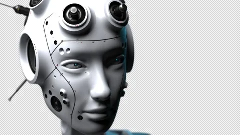 Three-quarter shot of a robot's head. the robot observes what is happening. t Video stock 171822323