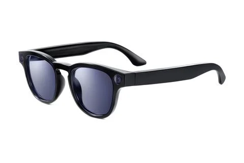 Three quarter view of modern black smart sunglasses with blue lenses and in.. Stock Photos