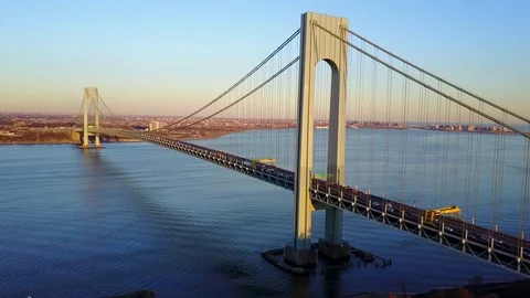 Three Quarters View of Verrazano Bridge Stock Footage
