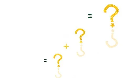 Three question mark and plus sign made of yellow sugar coated tablet pills... Stock Photos
