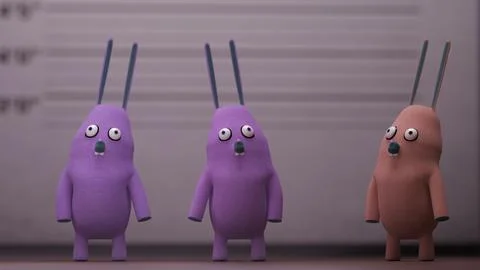 Three rabbit characters standing on floor in lineup room scene.. Stock Illustration