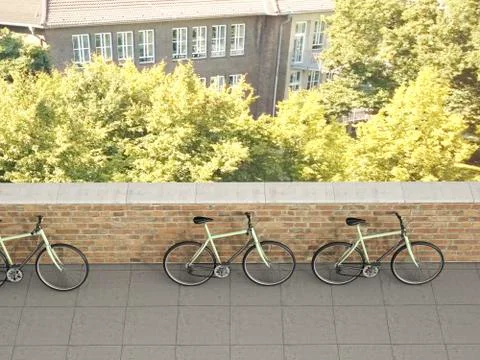 Three racing cycles standing against a wall, 3D Rendering Stock Illustration