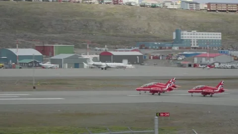 Three RAF Red Arrows Formation Takeoff, Close Telephoto Shot of Fast Jets Stock Footage 343436645