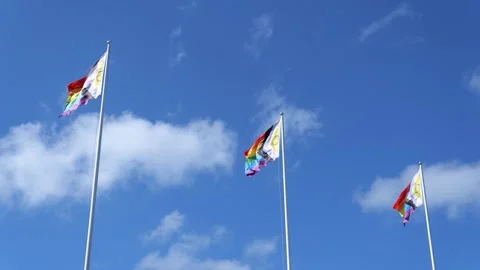 Three rainbow pride flags waving proudly against a bright blue sky with white Stock Footage 310320852