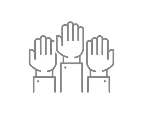 Three raised hands line icon. Cooperation, teamwork symbol Stock Illustration