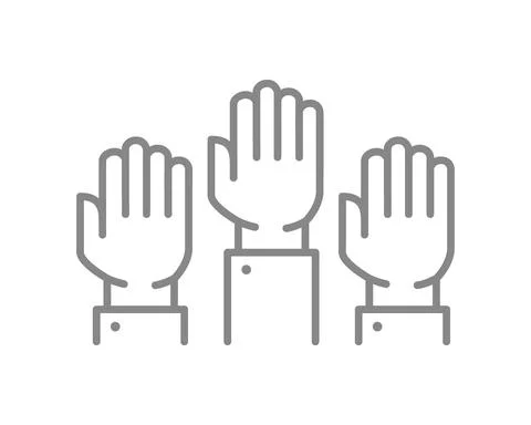 Three raised hands line icon. Solidarity, unity, teamwork symbol Stock Illustration