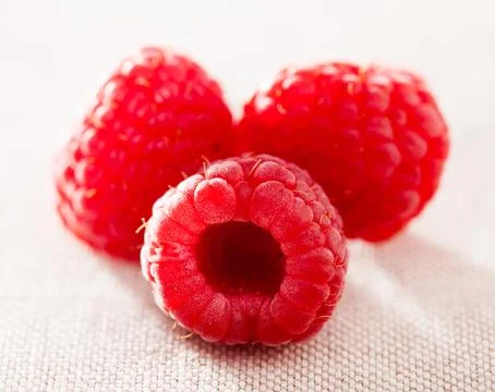 Three raspberry berries on white background Stock Photos