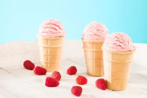 Three raspberry ice cream waffle cones Stock Photos