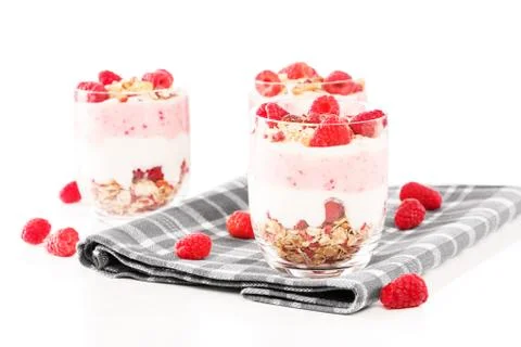 Three raspberry muesli desserts Stock Photos