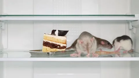 Three rats are sitting on the shelf of an open refrigerator next to the cake Stock Footage 263189222