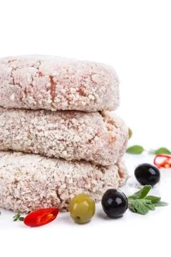 Three raw cutlet with breading from on side Stock Photos