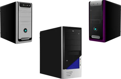 Three Realistic Case of Computer. Server. Workstation. Vector illustration Illustrazione stock
