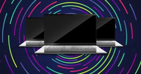 Three realistic computers with a colorful background, vector illustration Stock Illustration