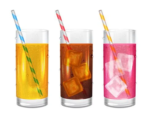 Three realistic glasses of beverages with straws. Cola with ice cubes. Stock Illustration