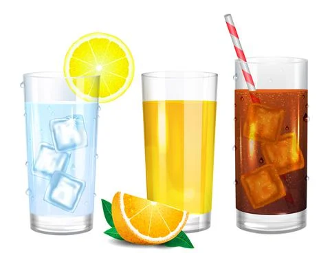 Three realistic glasses of drinks. Cola with straw. Yellow orange juice Stock Illustration