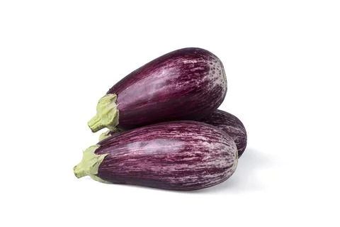 Three realistic looking striped eggplants grafitti type a teardrop shaped var Stock Photos
