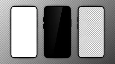 Three realistic smartphone mockup set. Mobile phone blank, white, transparent Stock Illustration