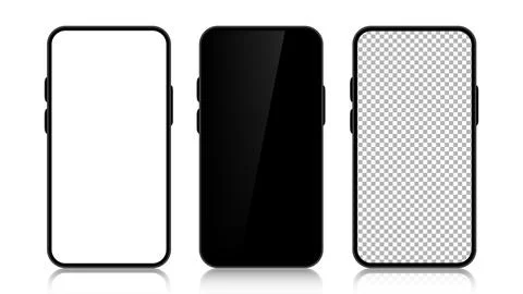 Three realistic smartphone mockup set. Mobile phone blank, white, transparent Stock Illustration