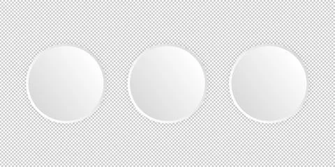 Three realistic white round blank button with shadow on transparent backgroun Stock Illustration