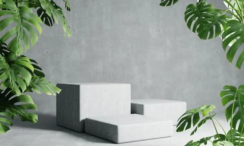 Three rectangle podiums in grey loft color background with Monstera plant f.. Ilustração Stock
