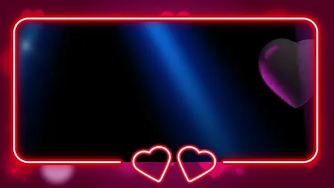 Three rectangular frames with glowing red neon heart outlines against dark Stock Footage 345334500
