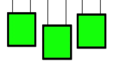 Three rectangular green screen signs drop down on strings and swing Stock Footage 337304809