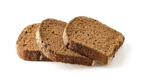 Three rectangular slices of fresh rye bread isolated on white background. Stock Photos