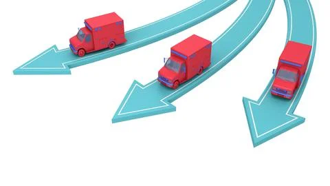 Three red Ambulance go in different directions Stock Illustration