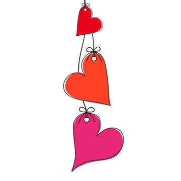 Three red and pink hearts on the rope on white, valentine's greeting card, st Ilustração Stock